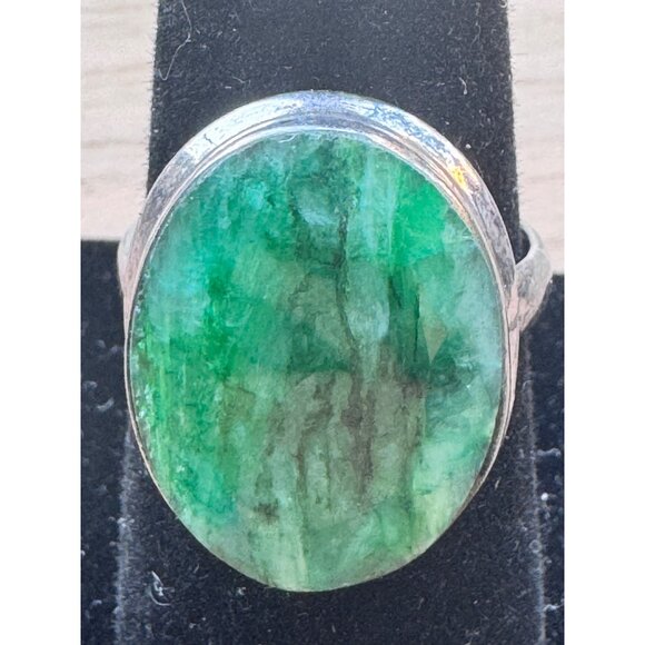 Sterling Silver Ring Green Adventurine Oval Cabochon Size 9 India Vintage - Picture 3 of 9